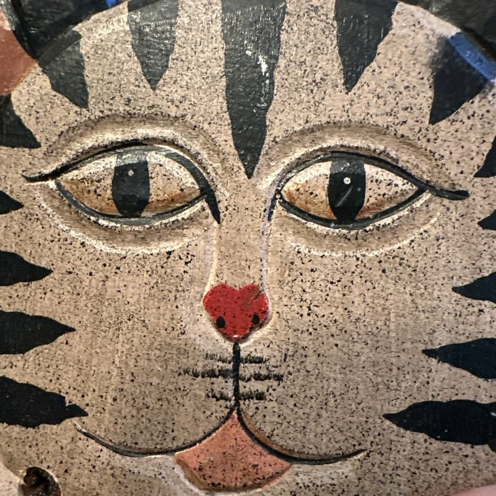 Wood Napkin Holder Tan Folk Art Cat Hand Painted Striped